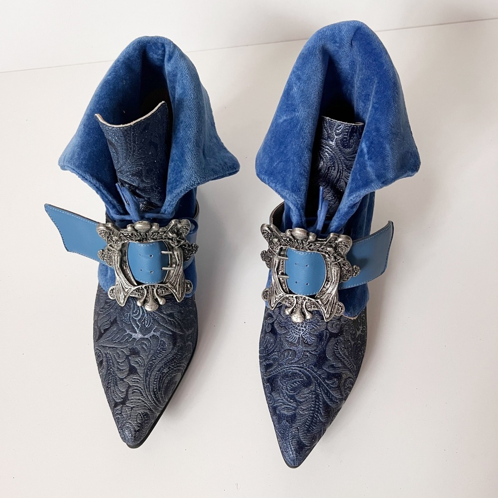 John Fluevog Baroque Blue Velvet Embossed Leather Buckle Ankle Boots Womens 7.5 - Picture 3 of 10